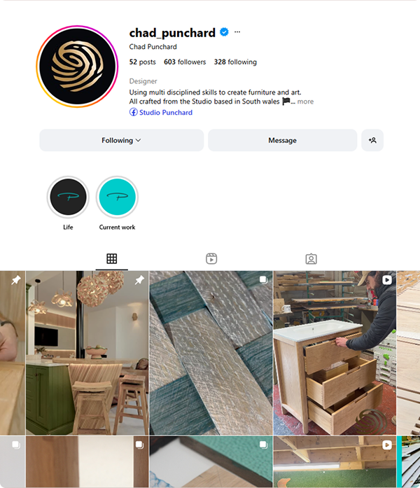 Screenshot of Chad’s Instagram social media page showing recent work and encouraging long-term engagement